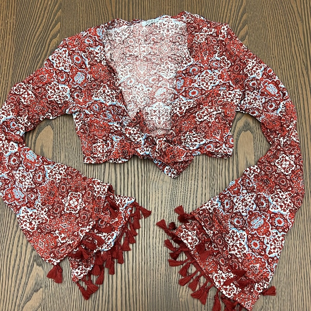 TOBI | Red Tassel Tie Long Sleeve Crop Top